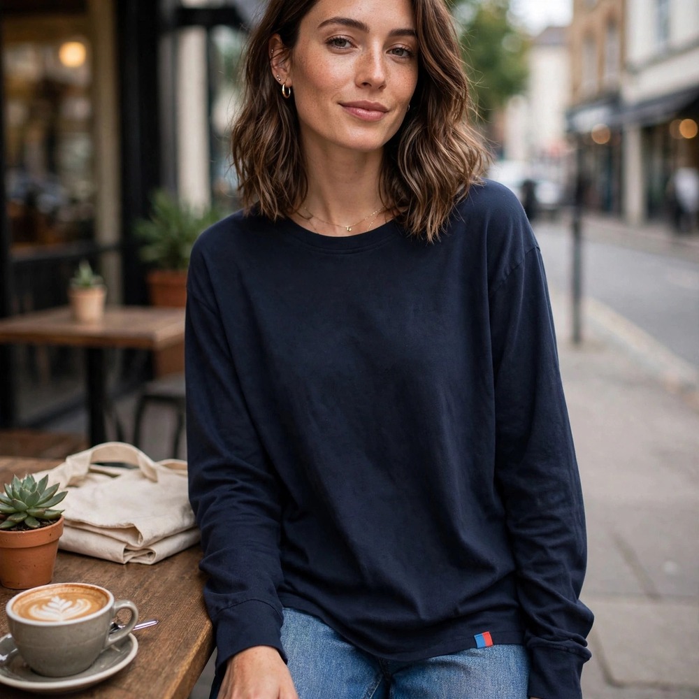 KULE Navy Blue Organic Cotton Long Sleeve Crewneck Tee Shirt Portugal XL